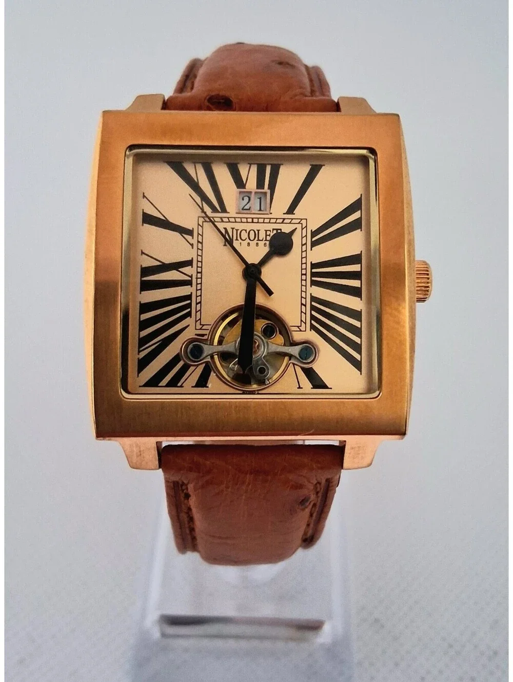 RARE Authentic Nicolet NT322028 Ostrich Leather Mechanical Automatic Men's Watch